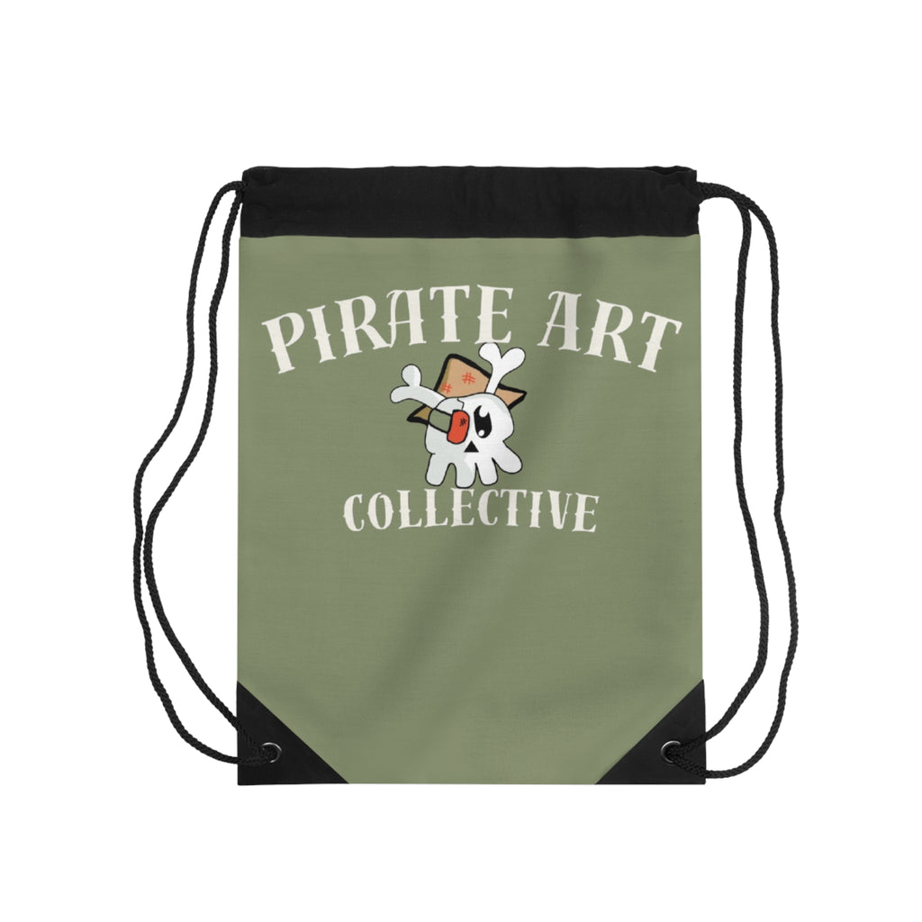 An olive green drawstring backpack with black cords and black corner accents, featuring a white cartoon skull character wearing a brown hat and the text 'PIRATE ART COLLECTIVE' in white.
