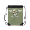 An olive green drawstring backpack with black cords and black corner accents, featuring a white cartoon skull character wearing a brown hat and the text 'PIRATE ART COLLECTIVE' in white.