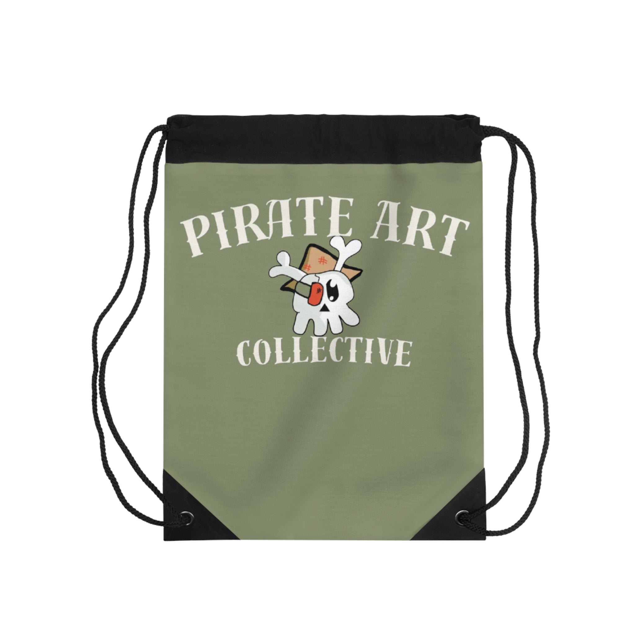 An olive green drawstring backpack with black cords and black corner accents, featuring a white cartoon skull character wearing a brown hat and the text 'PIRATE ART COLLECTIVE' in white.