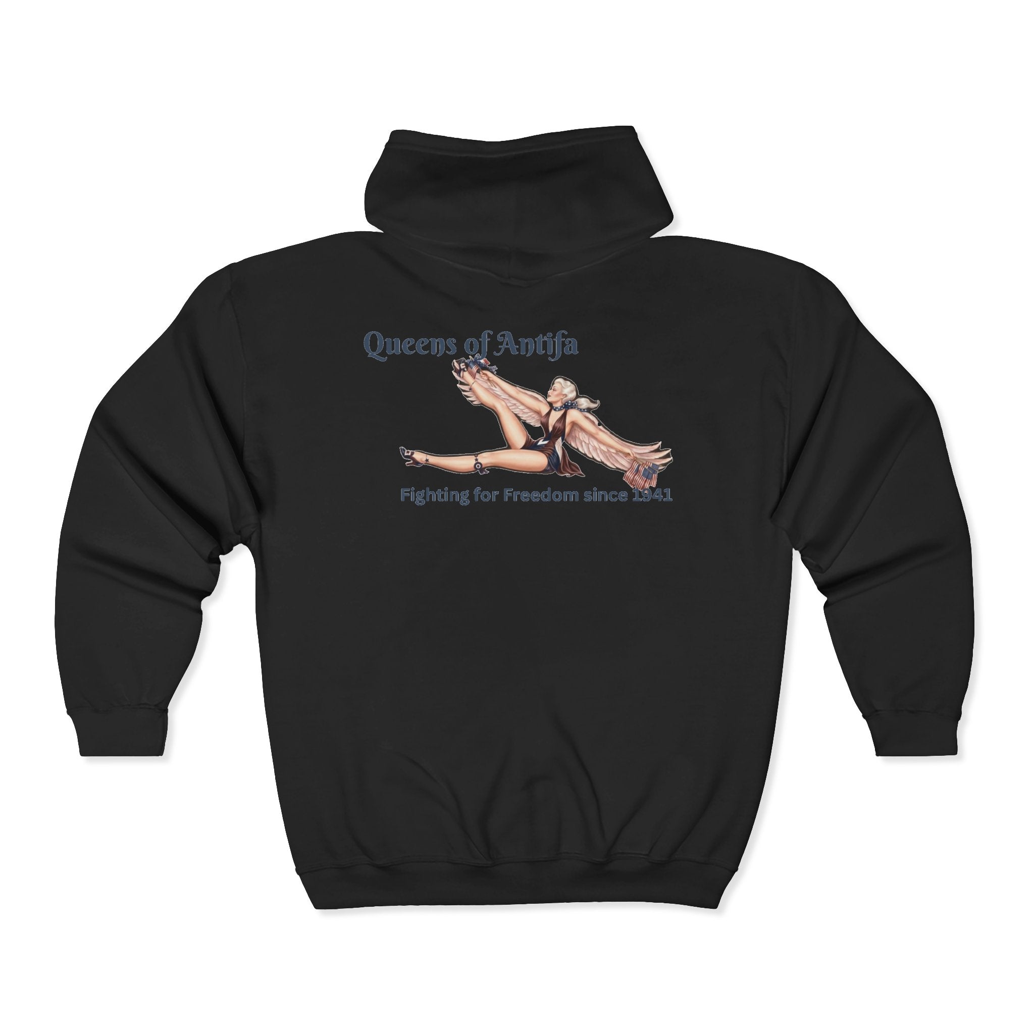A black pullover hoodie shown from the back, featuring a graphic print of a woman with outstretched arms and the text 'Queens of Antifa' and 'Fighting for Freedom since 1941' in a distressed light blue font.