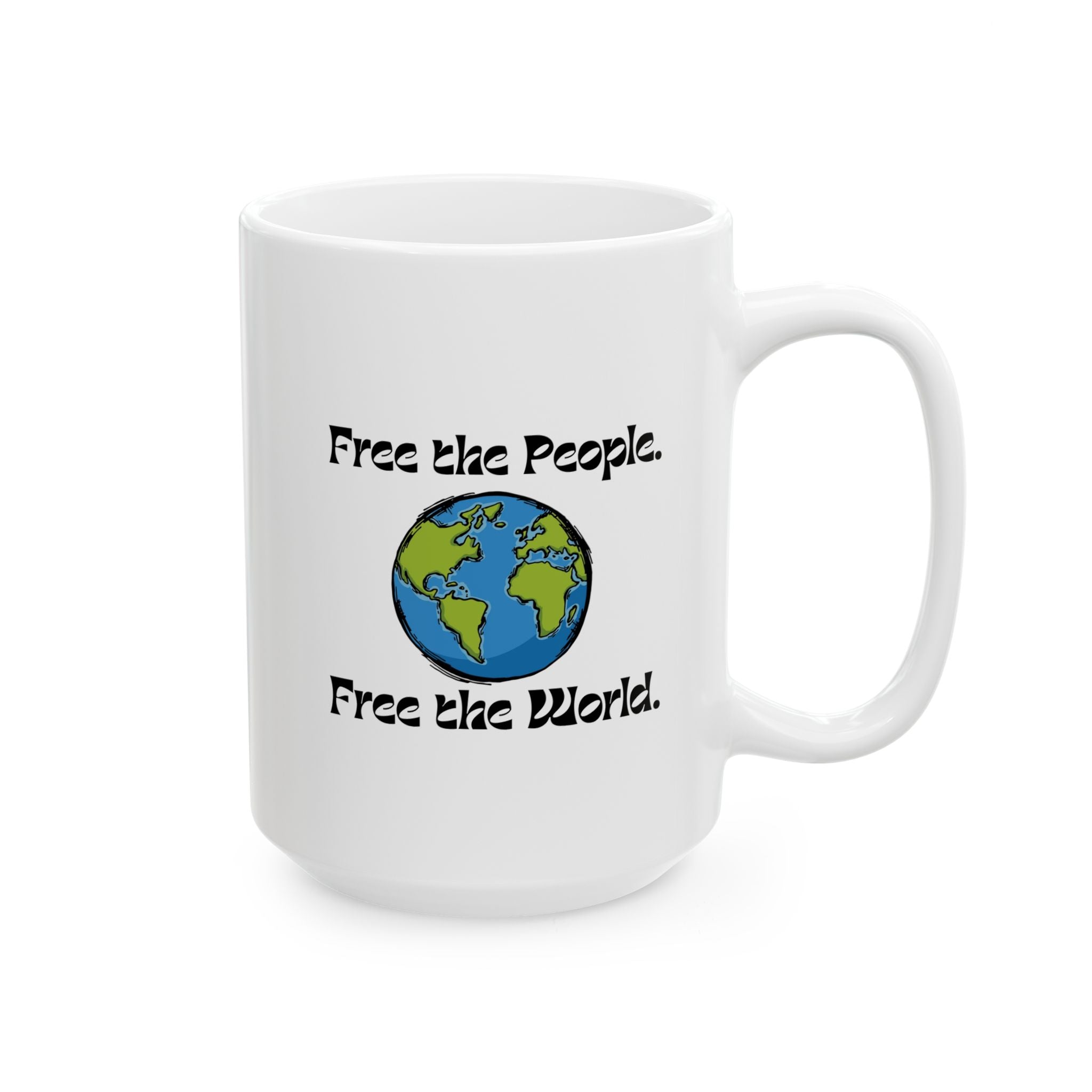 A white ceramic mug with a printed graphic of a globe and the text 'Free the People. Free the World.