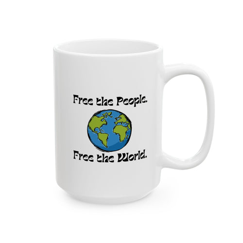 A white ceramic mug with a printed graphic of a globe and the text 'Free the People. Free the World.