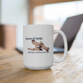 White mug with ‘Queens of Antifa’ and a picture of a vintage, retro-style winged woman and ‘Fighting for Freedom since 1941’.