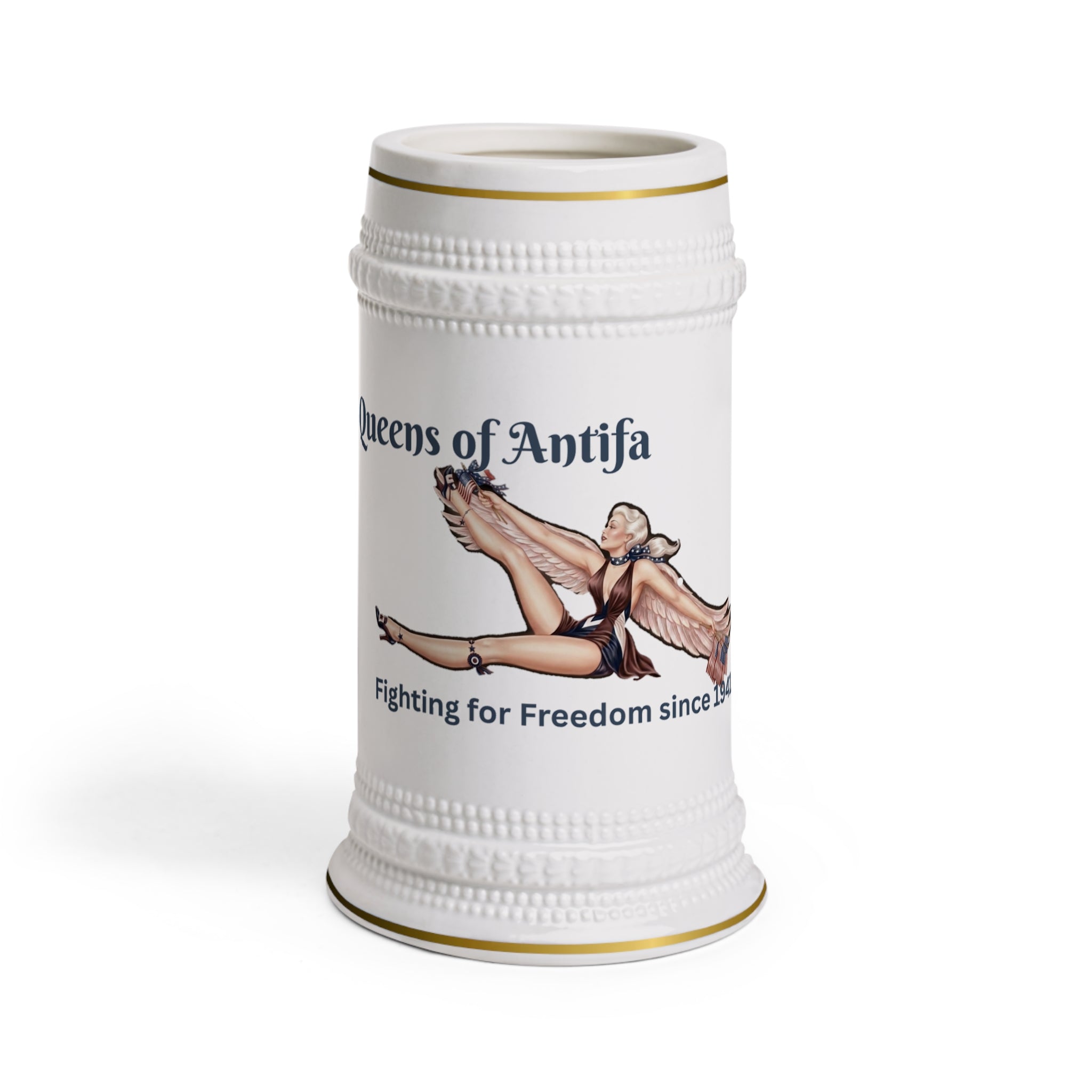 A white ceramic beer stein featuring a vintage-style illustration of a winged woman and the text 'Queens of Antifa' and 'Fighting for Freedom since 1941'.