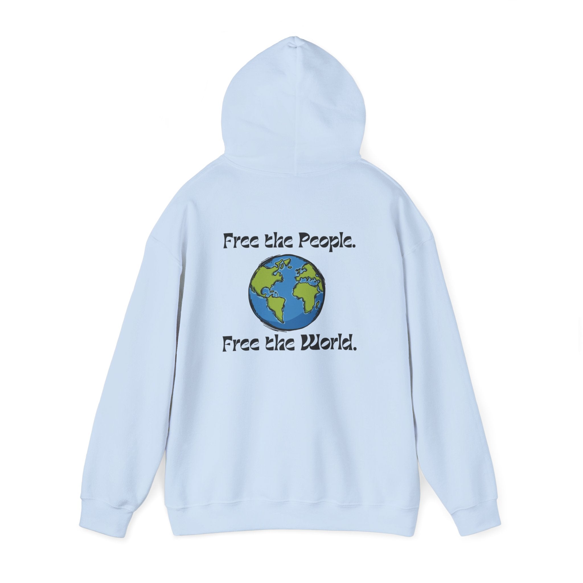 A light blue hoodie shown from the back, featuring a graphic of a blue and green globe with the text 'Free the People. Free the World.